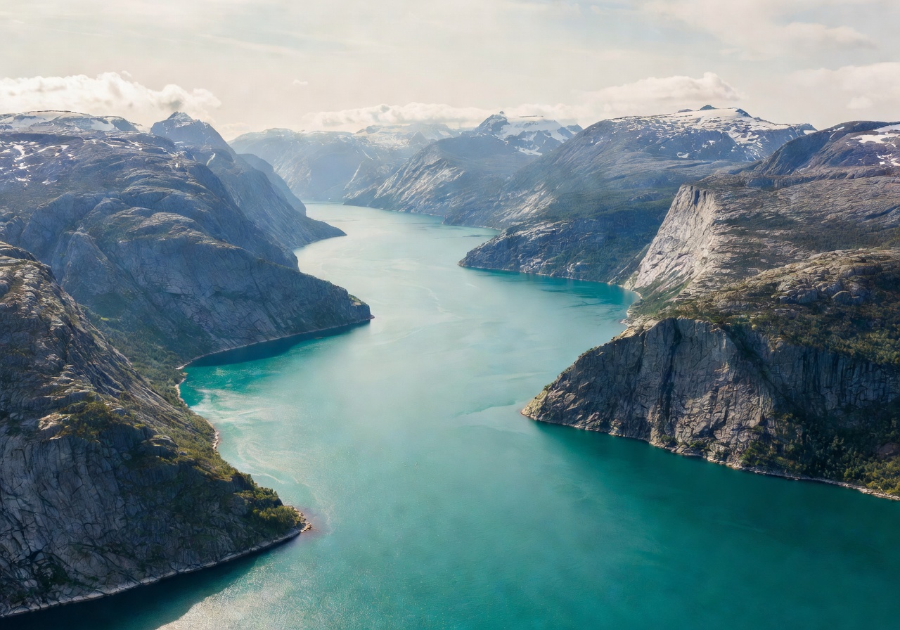 Aerial view of the Norwegian coastline with dramatic fjords and calm turquoise waters