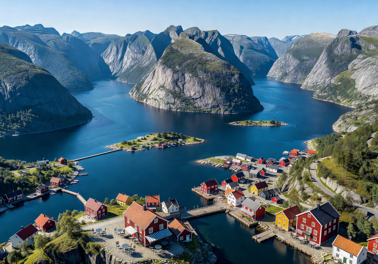 Aerial view of the Norwegian coastline with fjords and waterfront towns marked with café locations