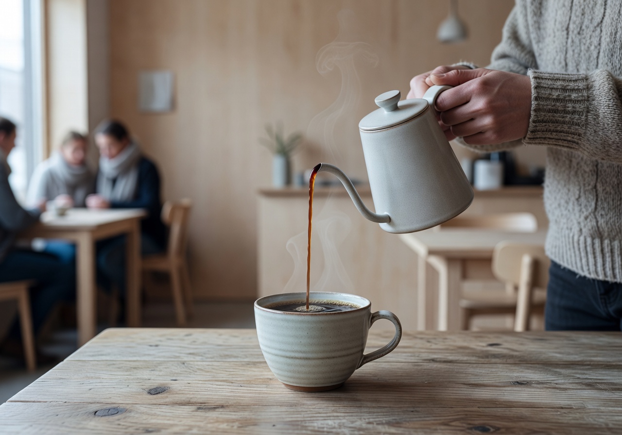 Artisan coffee being poured into a ceramic cup at a Nordic café with natural light