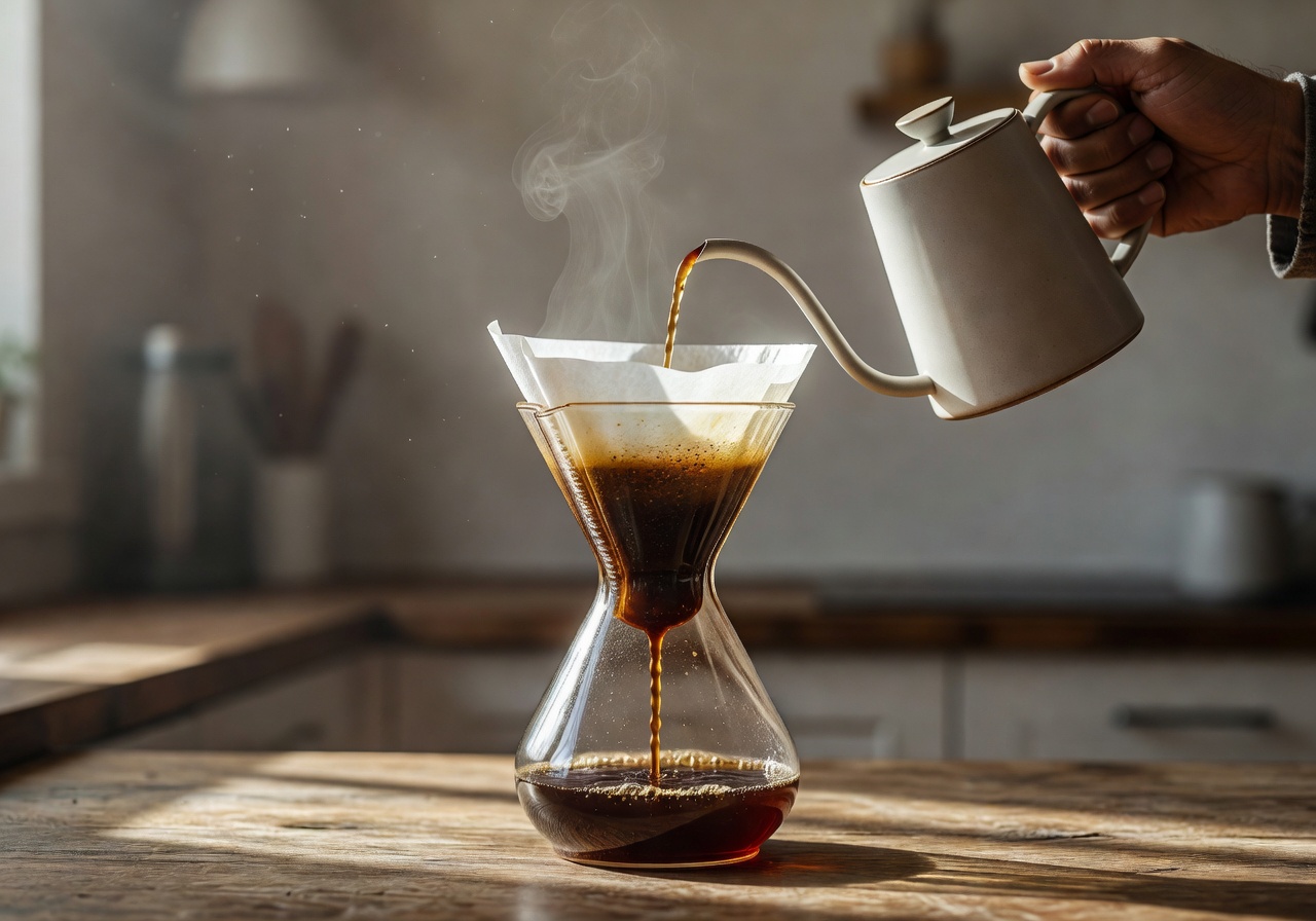 Artisan hand-pouring coffee through a Chemex filter brewer in soft morning light