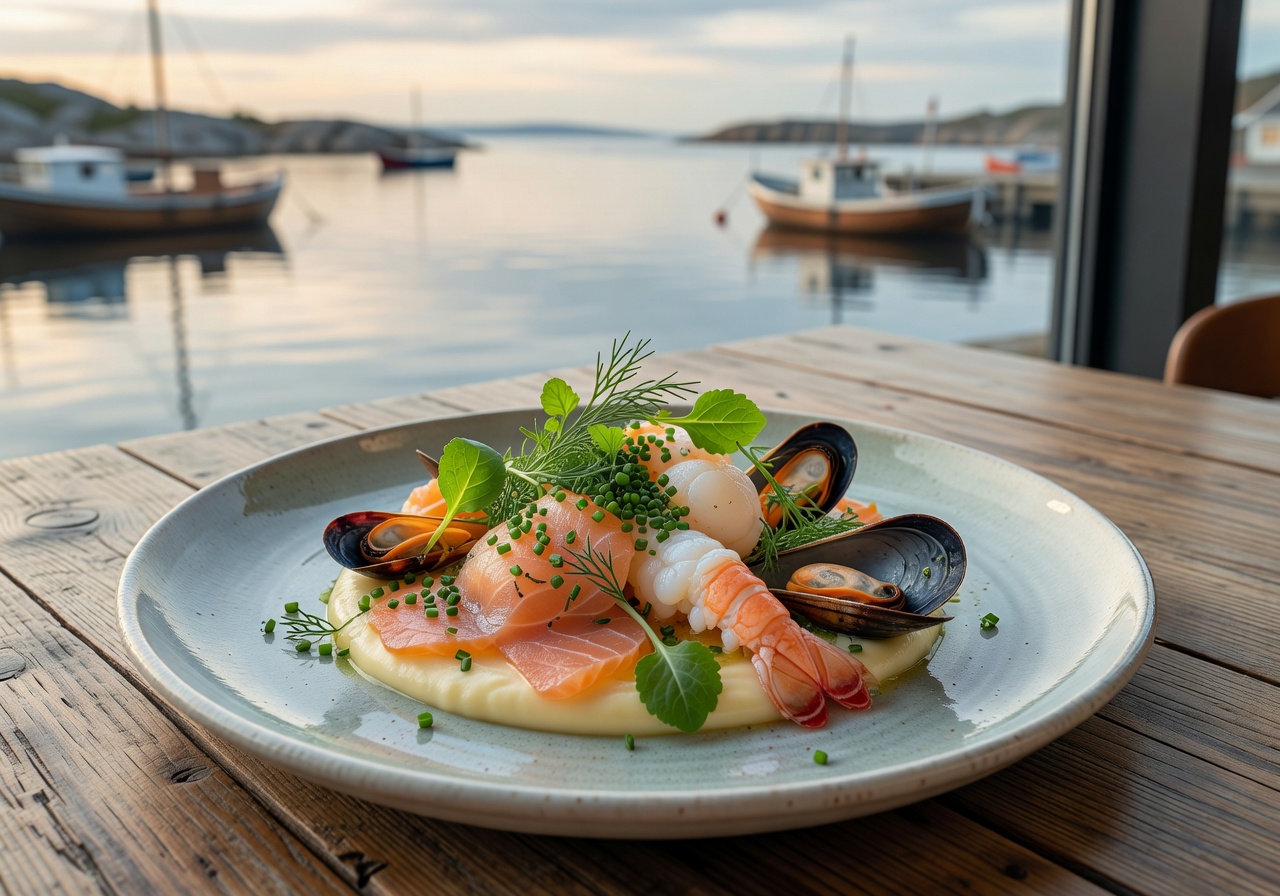 Beautifully plated Nordic seafood dish with fresh herbs served at a waterfront restaurant