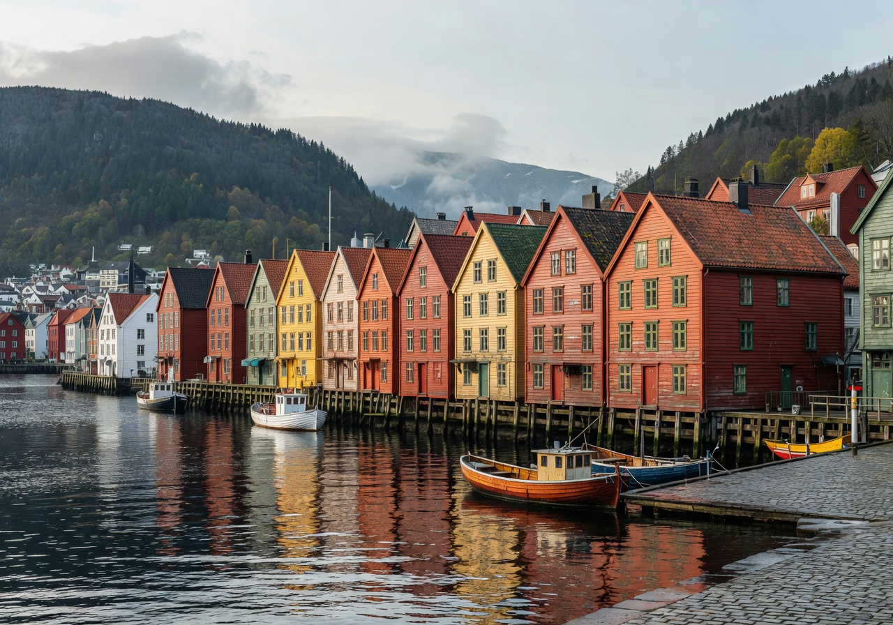 Bergen's colourful Bryggen waterfront with traditional wooden buildings