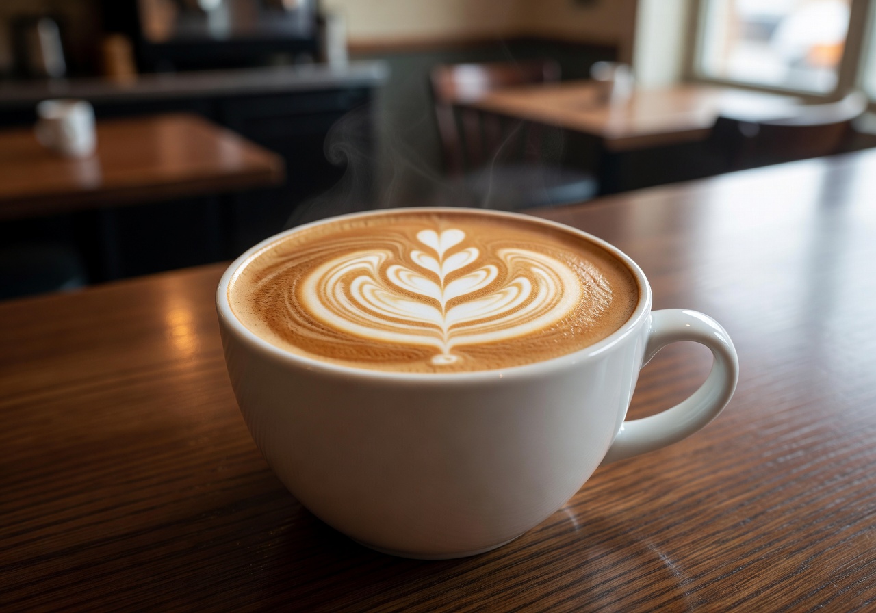 Close-up of a cappuccino with intricate latte art served at Kaffebrenneriet