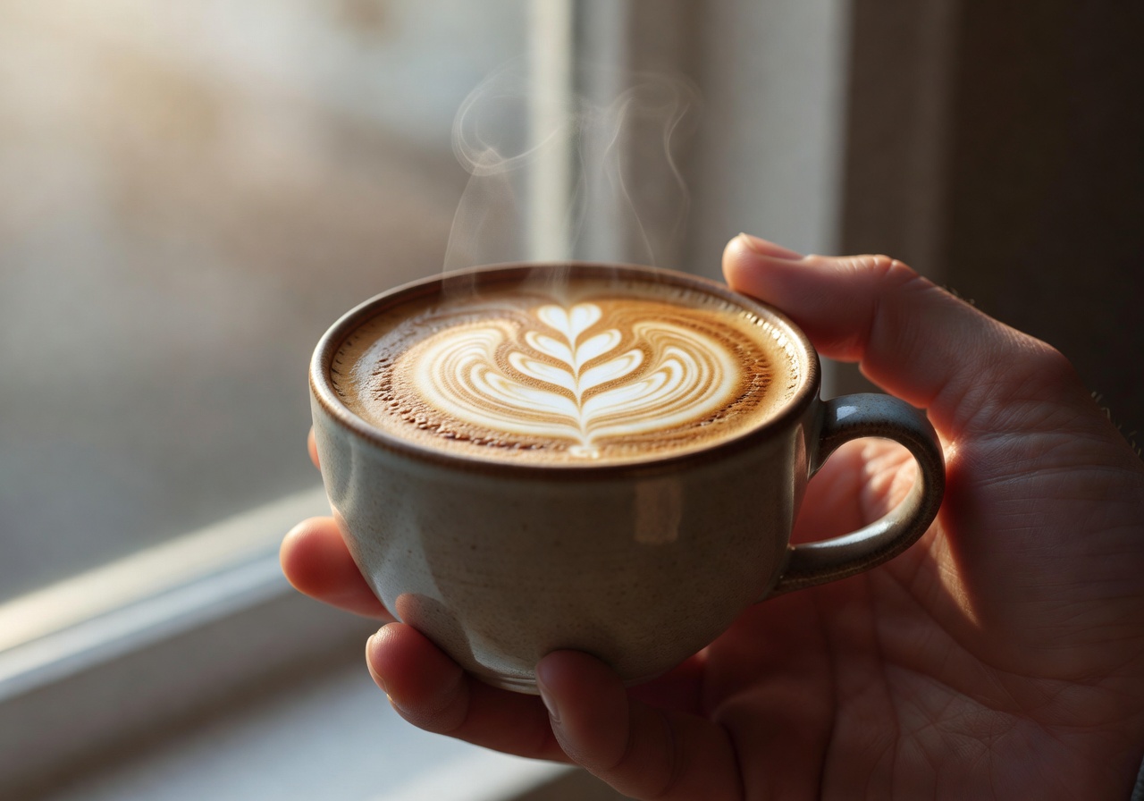 Close-up of a hand holding a ceramic coffee cup with latte art in soft morning light by a window