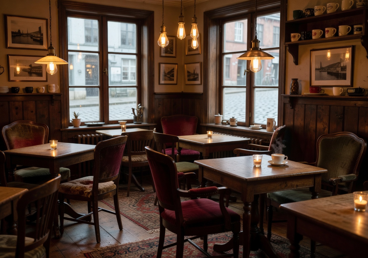 Det Lille Kaffekompaniet cozy café with vintage furniture and warm lighting in Stavanger