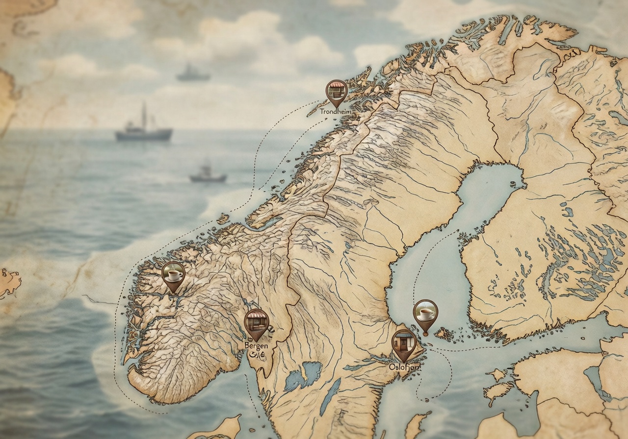 Detailed map of Norway's coastline highlighting café locations in Oslo, Bergen, Stavanger, and Trondheim