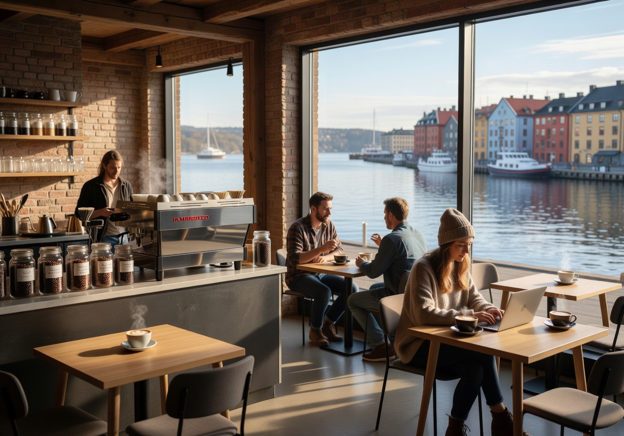 Dromedar Kaffebar trendy café space in Trondheim with specialty coffee and harbour atmosphere