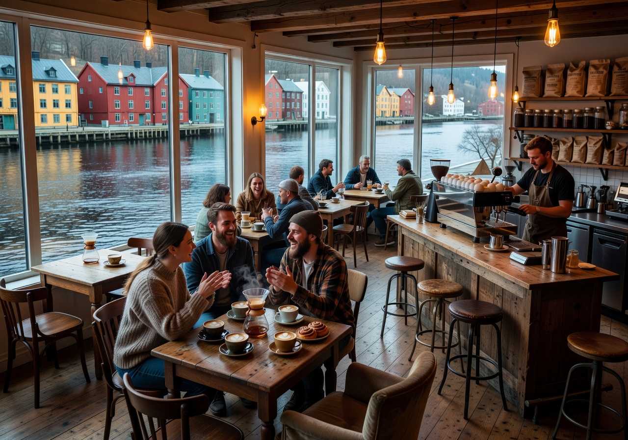 Dromedar Kaffebar vibrant interior in Trondheim with specialty coffee and riverside location