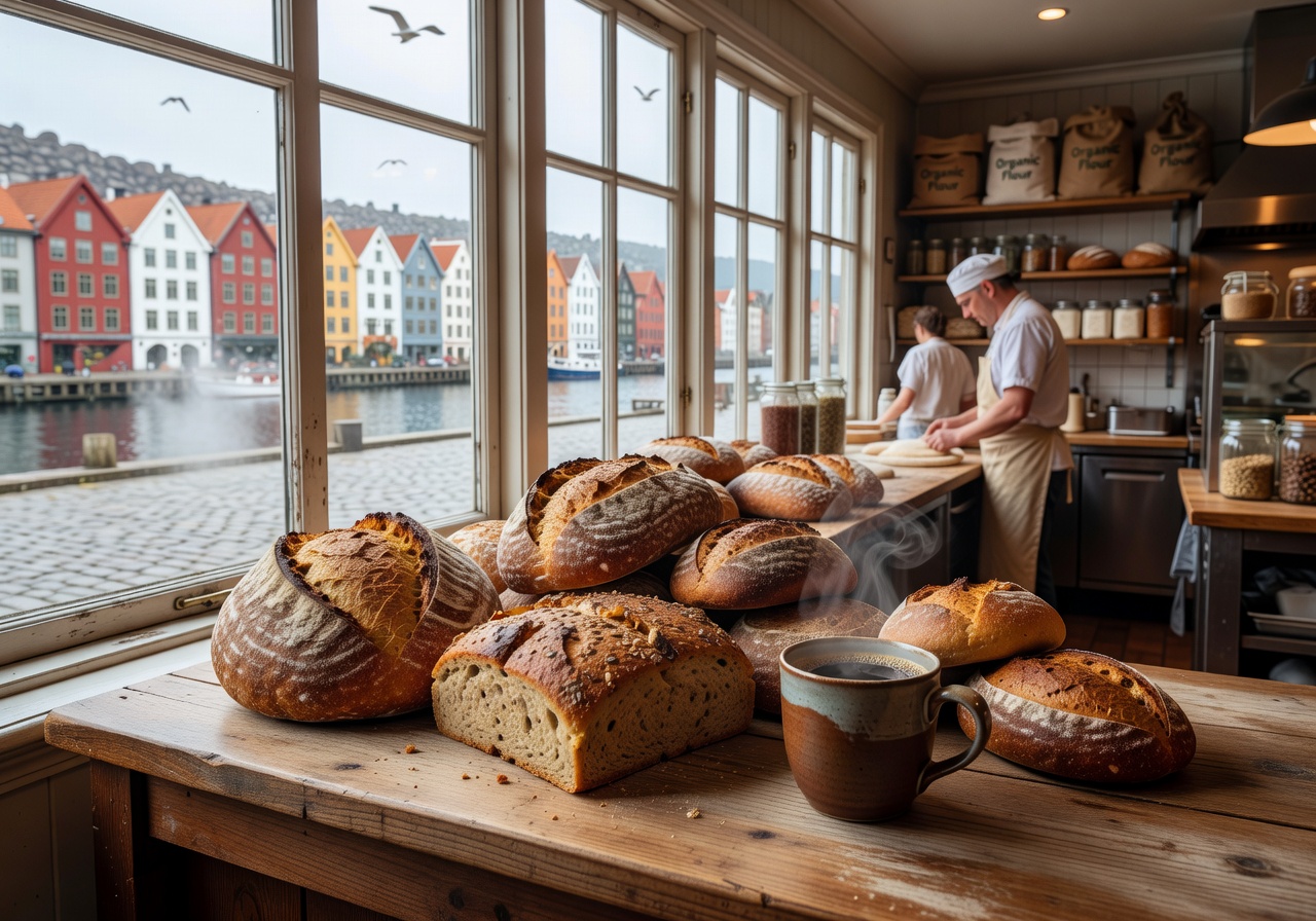 Fresh organic bread and coffee at Godt Brød bakery café near Bergen's Bryggen wharf