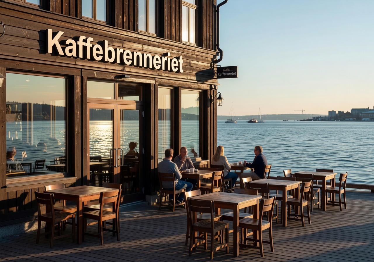 Kaffebrenneriet café exterior on Oslo's Aker Brygge waterfront with outdoor seating and fjord views