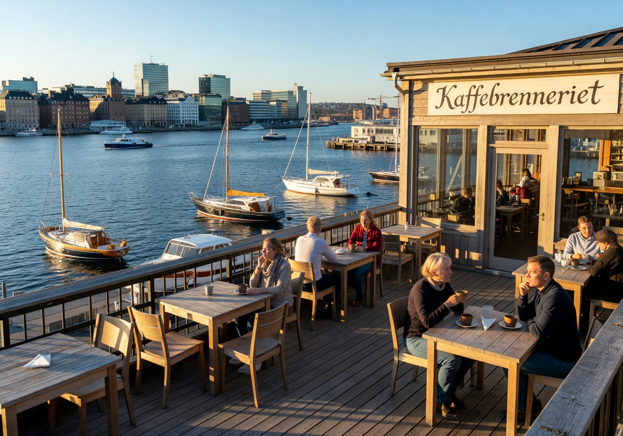 Kaffebrenneriet café on Oslo's Aker Brygge waterfront with sunlit terrace and harbour views