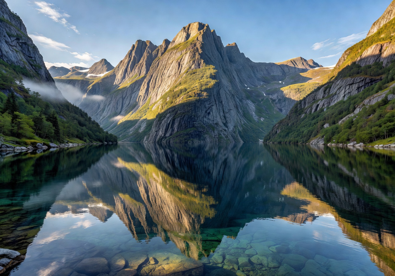 Majestic Norwegian fjord landscape with mountains reflected in crystal clear water