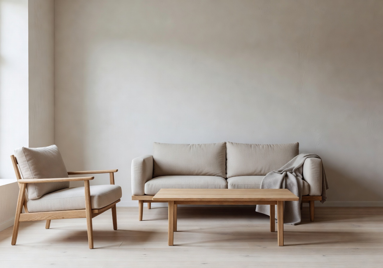 Minimalist Scandinavian interior with natural wood furniture and soft neutral tones