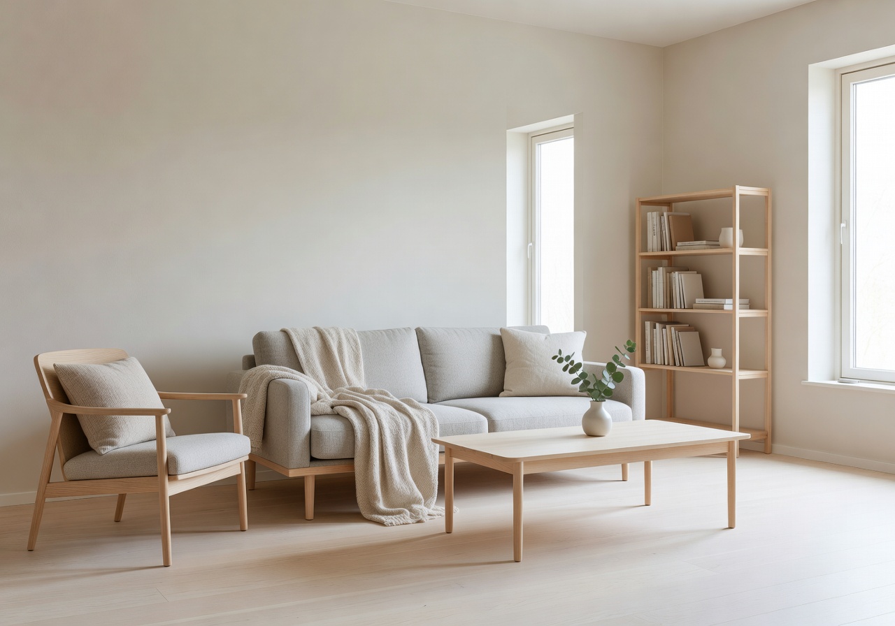 Minimalist Scandinavian living room with clean lines, light wood, and cozy textiles