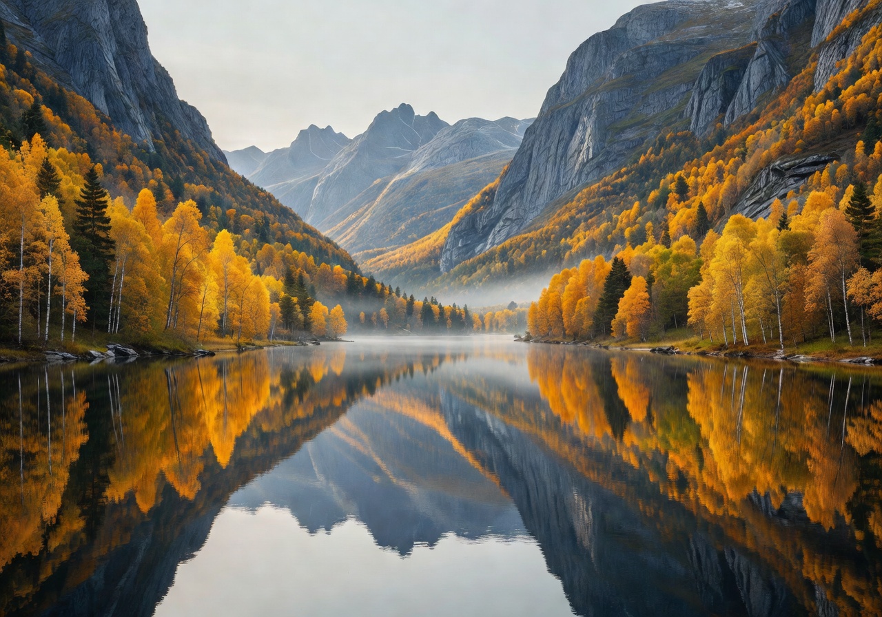 Norwegian fjord landscape in autumn with golden trees and calm reflective water