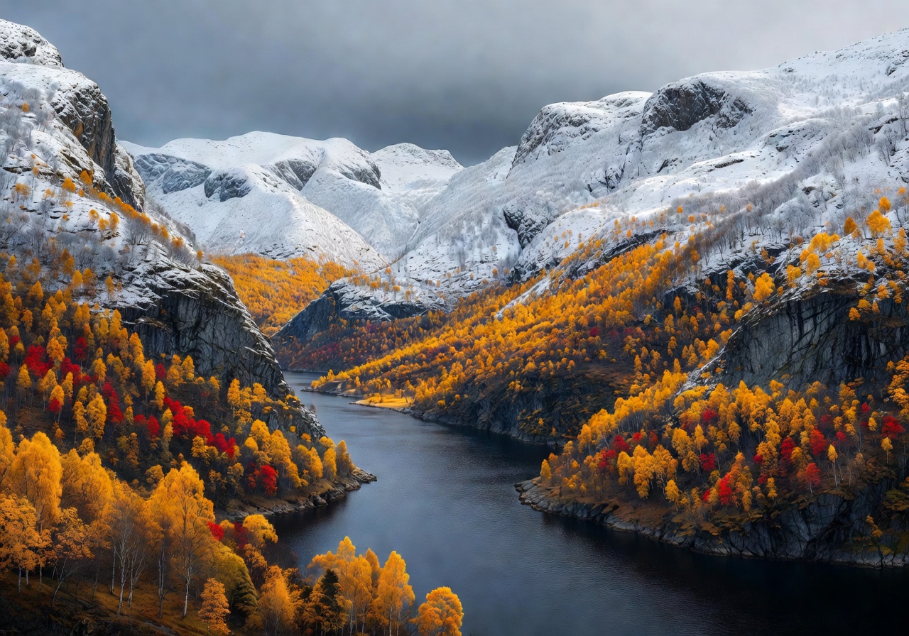 Norwegian fjord landscape transitioning from autumn golden colours to early winter snow