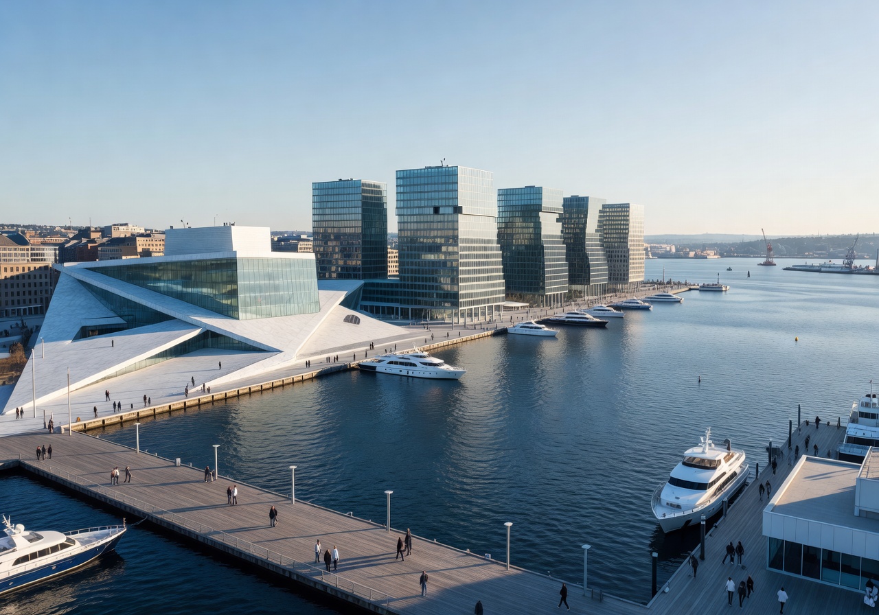 Oslo waterfront cityscape with modern architecture and harbour views