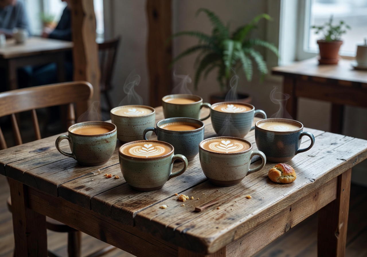 Overhead view of artisan coffee cups on a wooden table at a Norwegian café