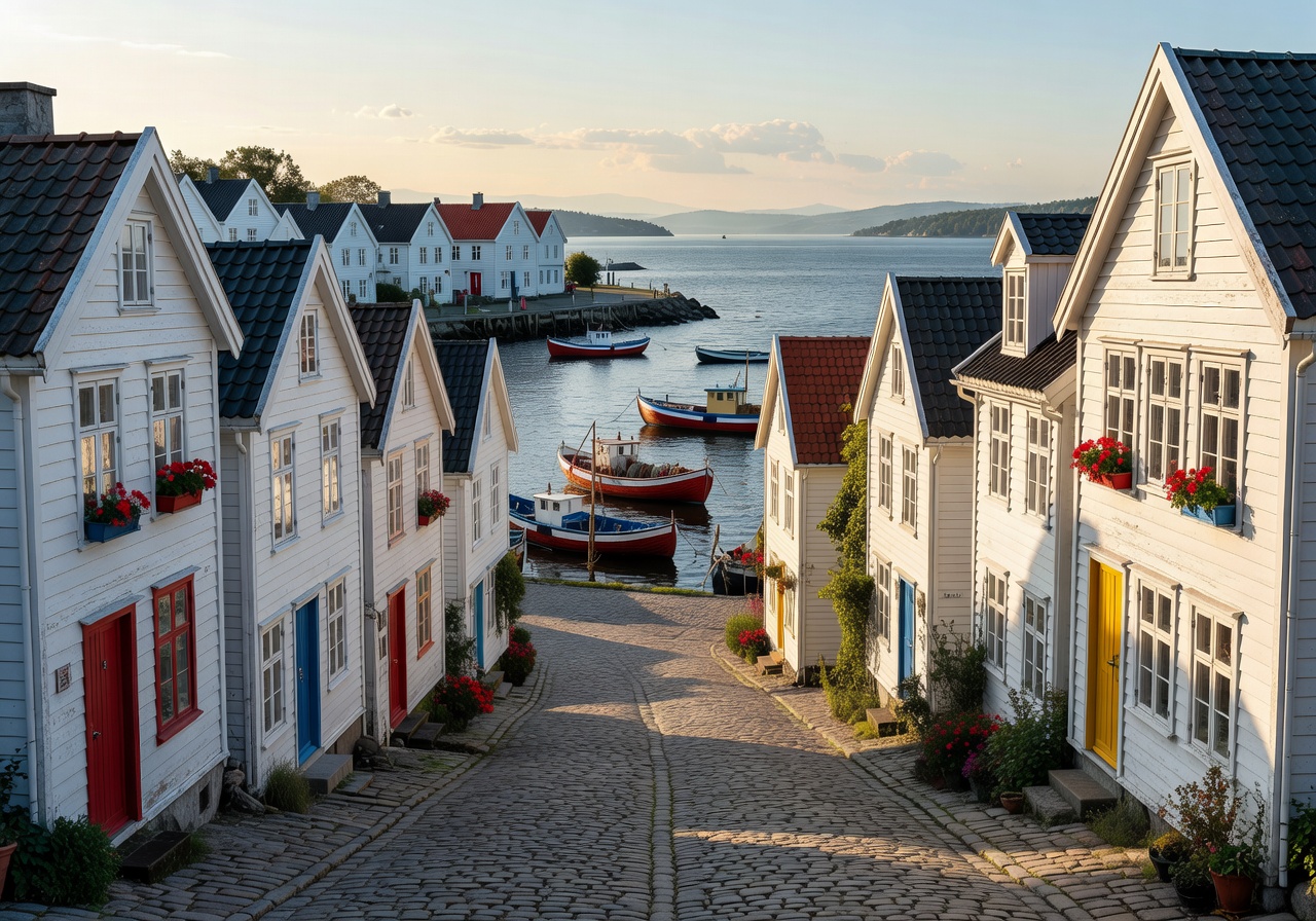Stavanger old town with white wooden houses and harbour views