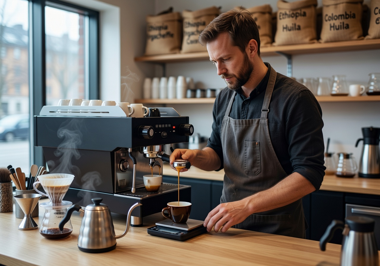Tim Wendelboe barista preparing specialty espresso with precision equipment in Oslo
