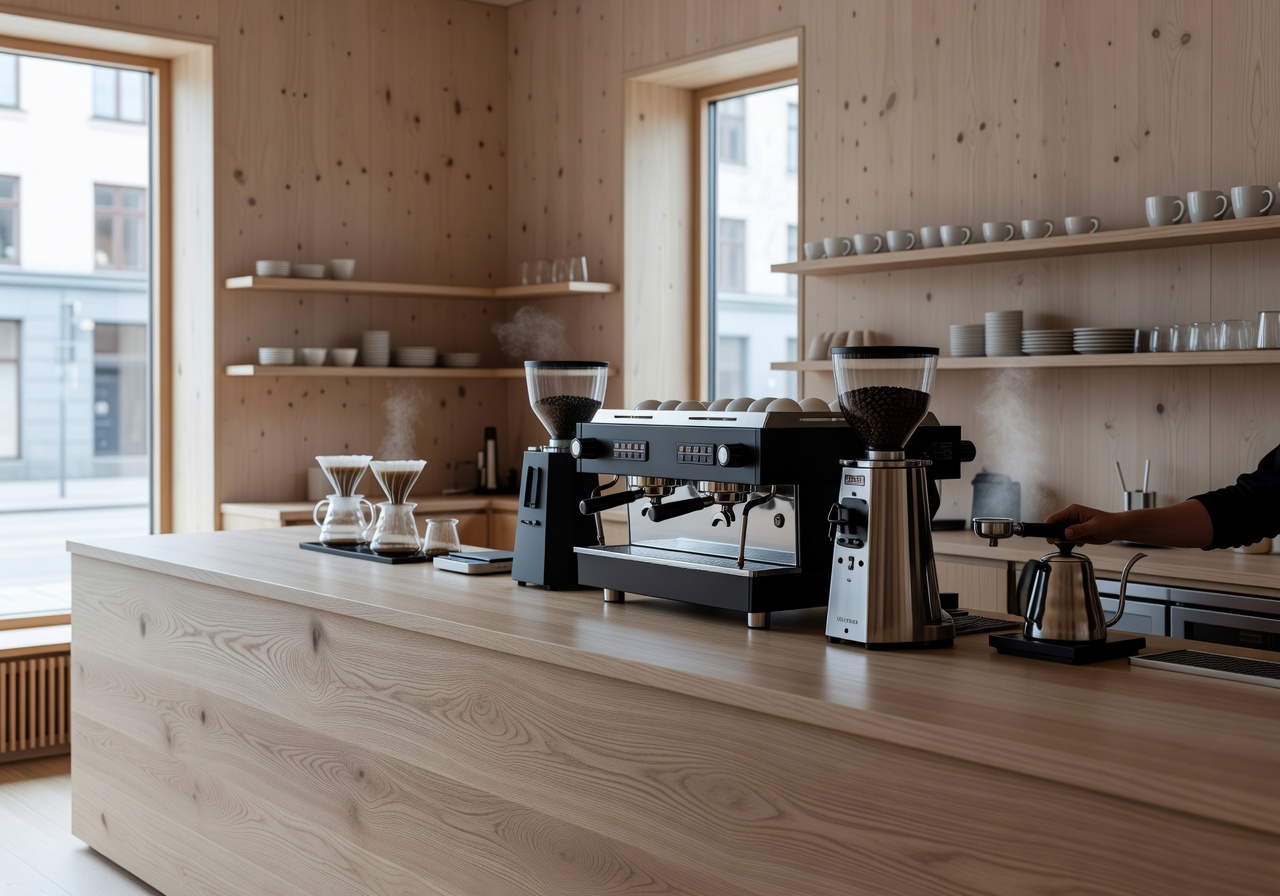 Tim Wendelboe specialty coffee bar with espresso equipment and natural wood interior in Oslo