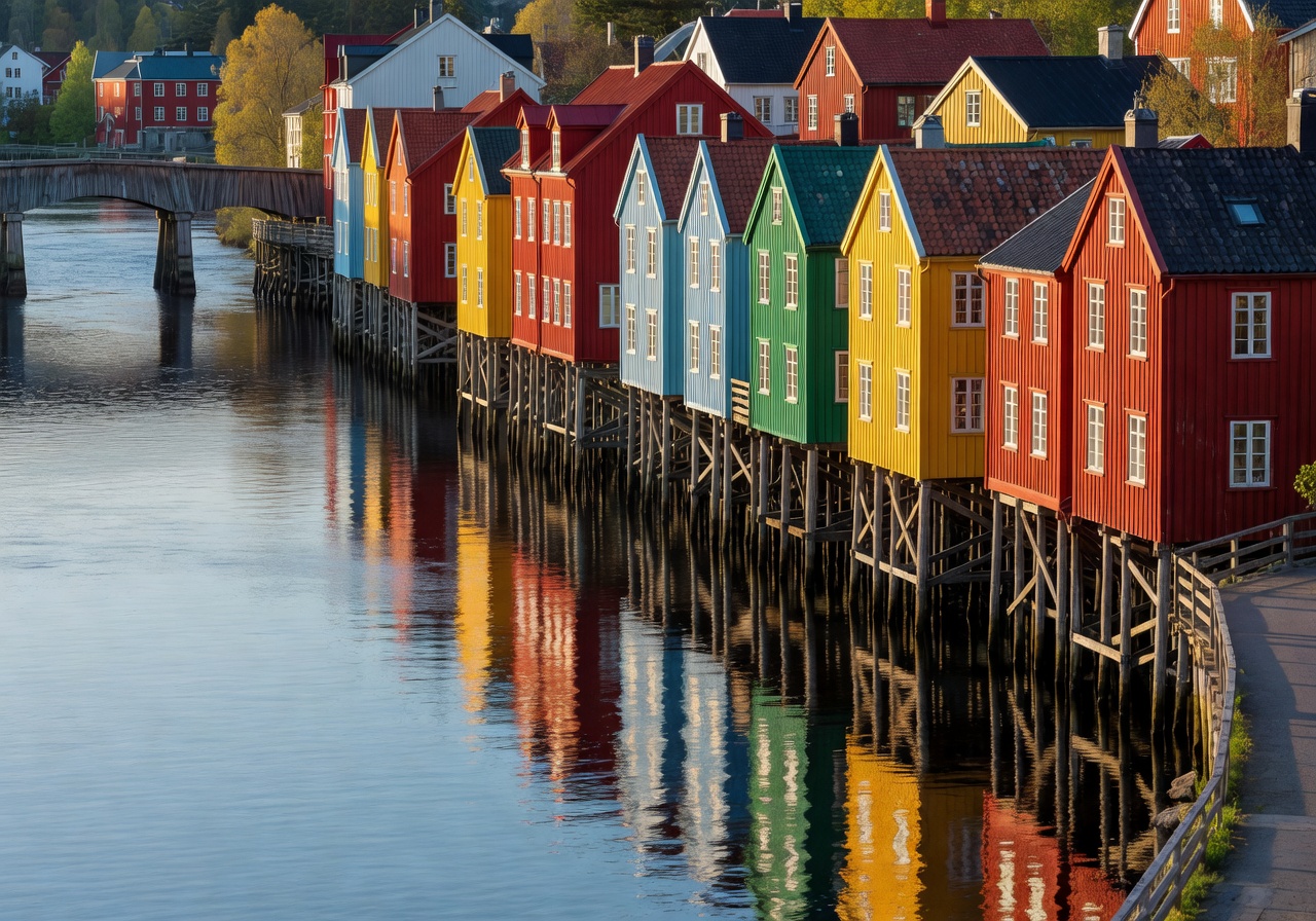 Trondheim's colourful Bakklandet stilt houses along the Nidelva river
