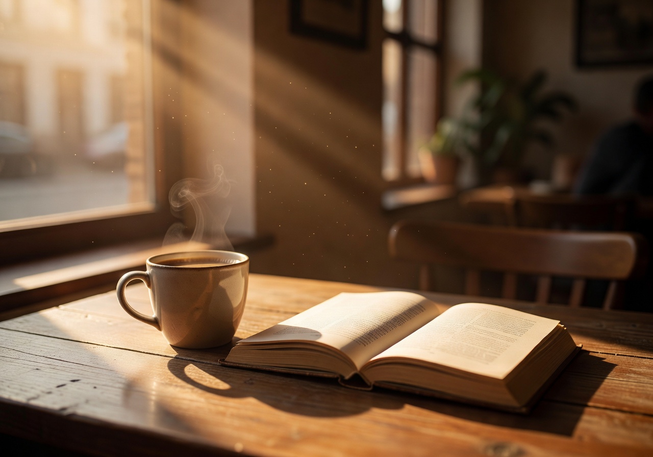 Warm golden light streaming through a café window illuminating a fresh cup of coffee and open book