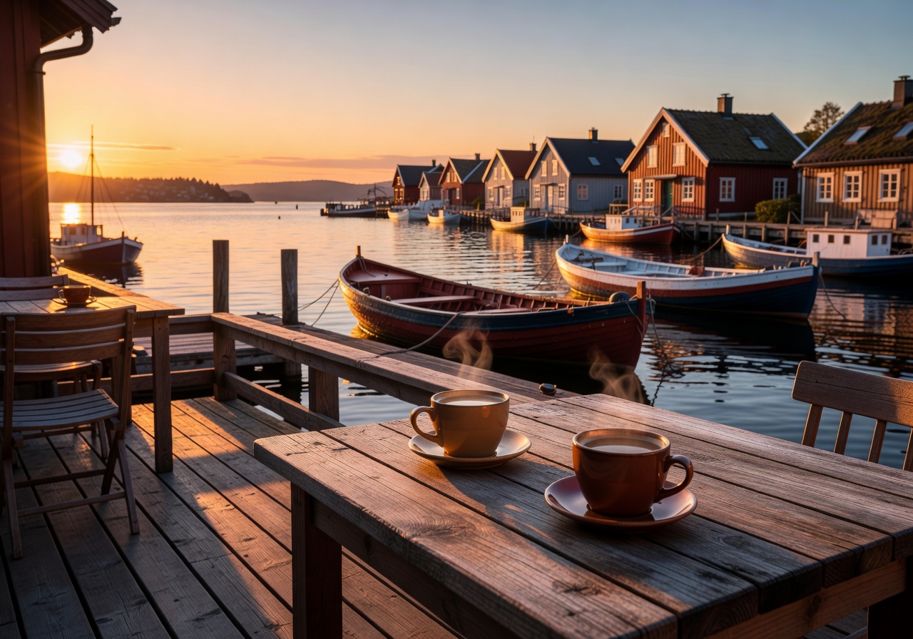 Luxury Scandinavian café terrace overlooking a calm Norwegian fjord at sunset with warm golden light