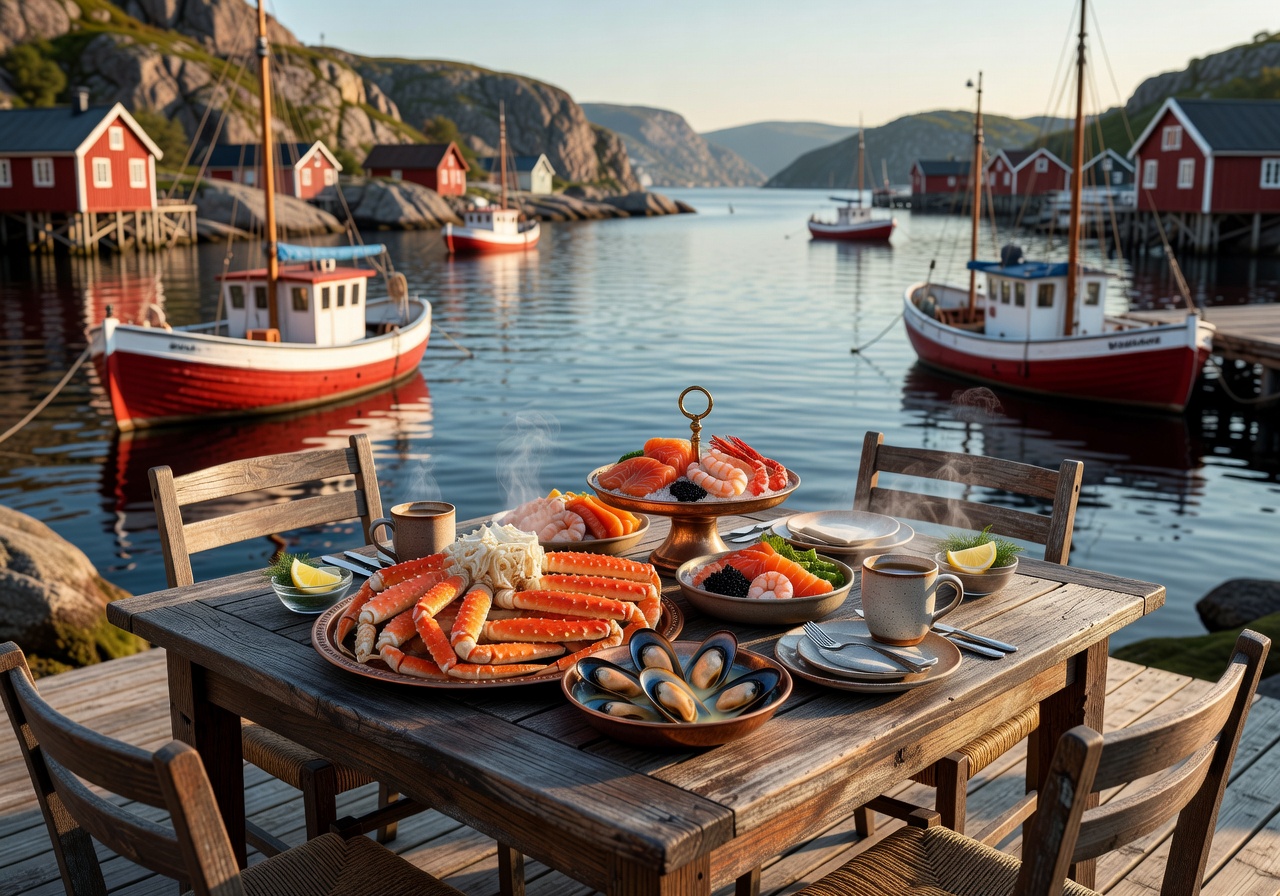 Waterfront dining table set with fresh seafood and coffee overlooking a Norwegian harbour